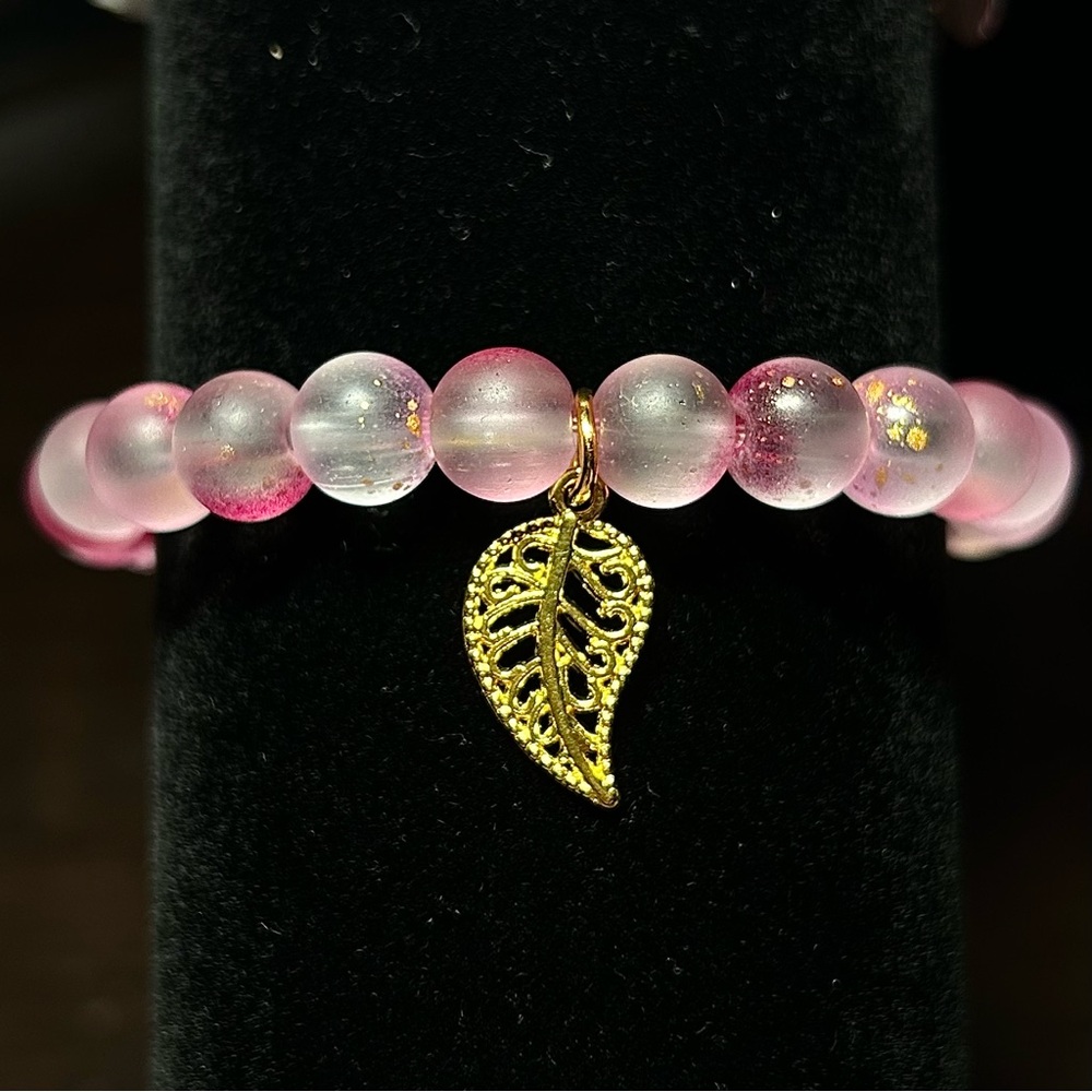 Elegant Clear Pink Beaded Bracelet with Gold Leaf Charm
